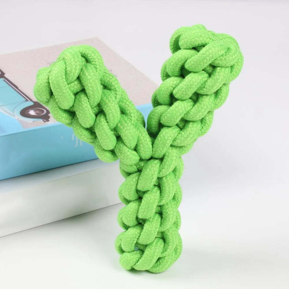 Y-shaped cotton rope dog toy for large breeds in blue, green or yellow colour options