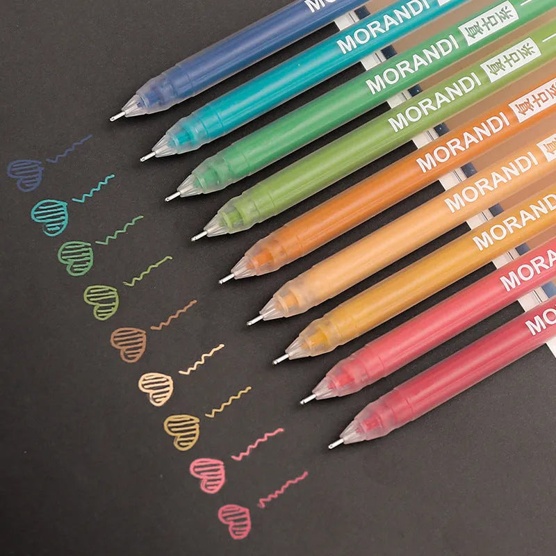 Set of nine solid colour gel pens with 0.5mm needle tips for student notes and journaling