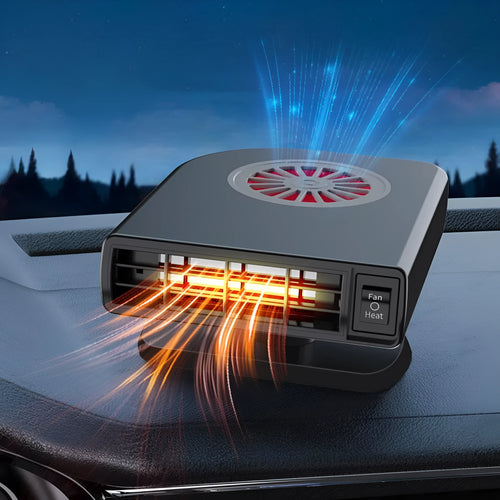 Black ABS plastic 12v vehicle-mounted car heater on a dashboard