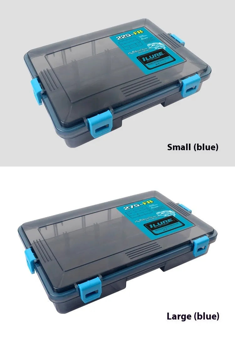 Luya fishing lure bait storage box in durable clear plastic, shown in blue, green, orange, and pink colour options.