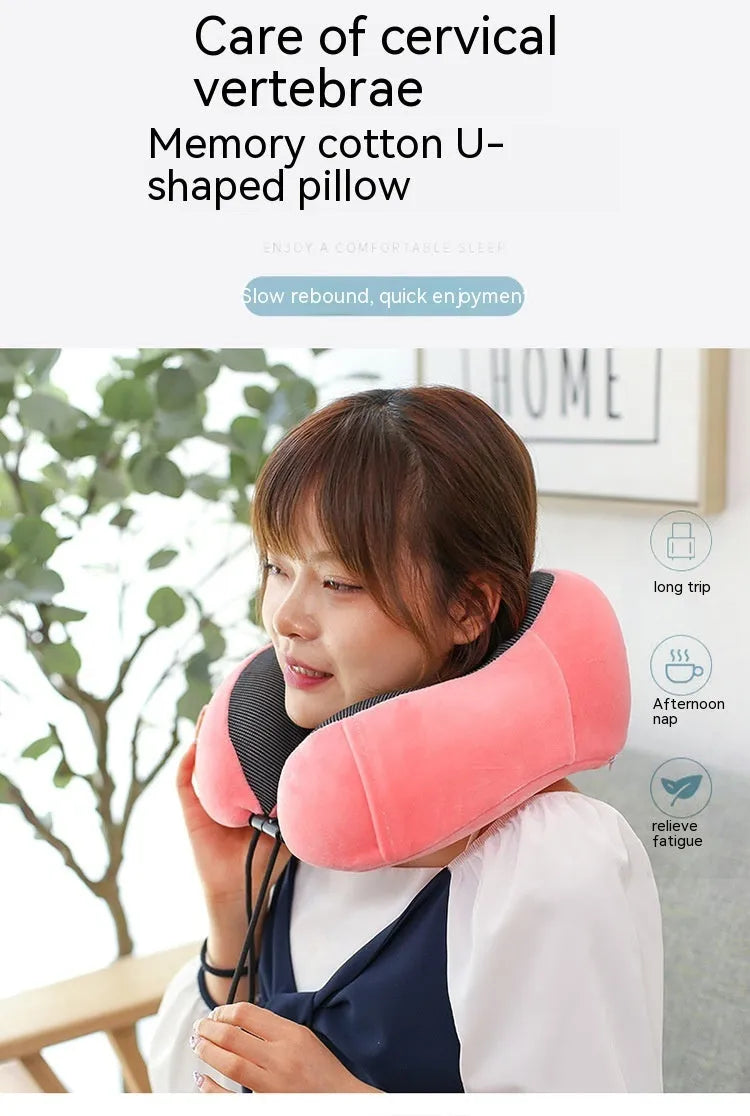 Memory foam U-shape travel neck pillow in navy blue with magnetic fastening, 30x25x15cm