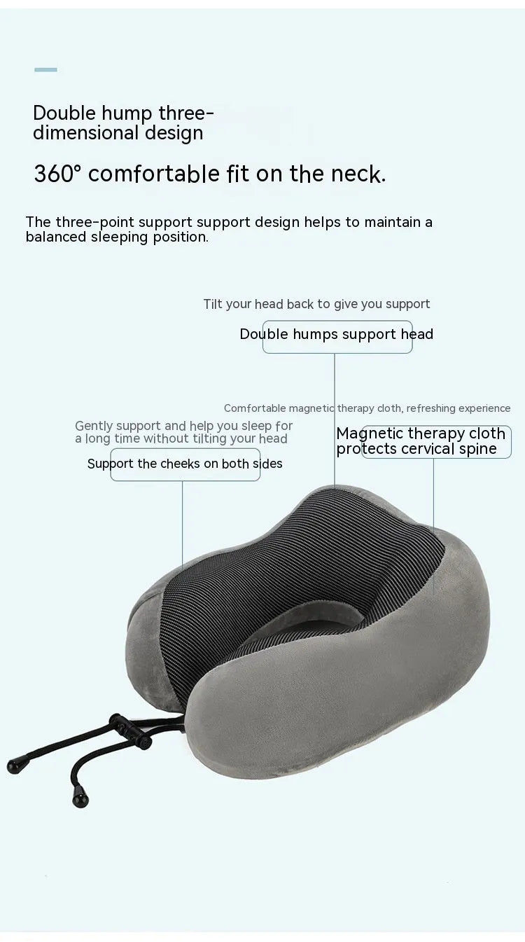 Memory foam U-shape travel neck pillow in navy blue with magnetic fastening, 30x25x15cm