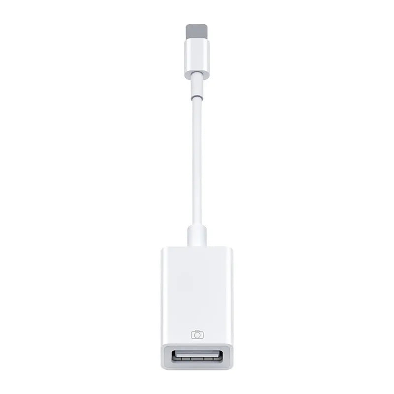 Apple OTG adapter cable in white plastic with Lightning connector and USB port