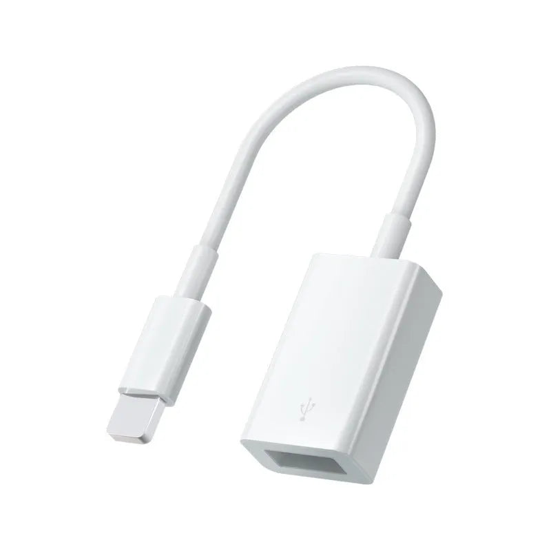 Apple OTG adapter cable in white plastic with Lightning connector and USB port