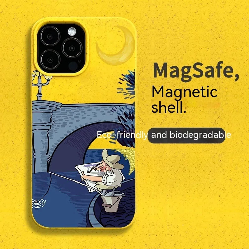 Magnetic phone case with retro oil painting design in green for iPhone 14 Pro Max