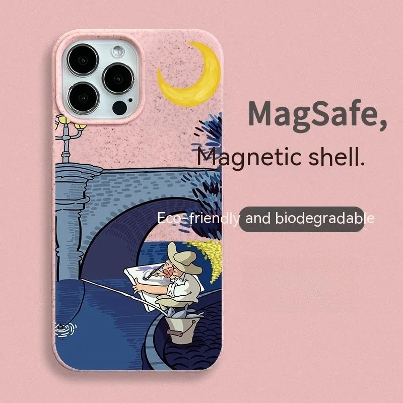 Magnetic phone case with retro oil painting design in green for iPhone 14 Pro Max