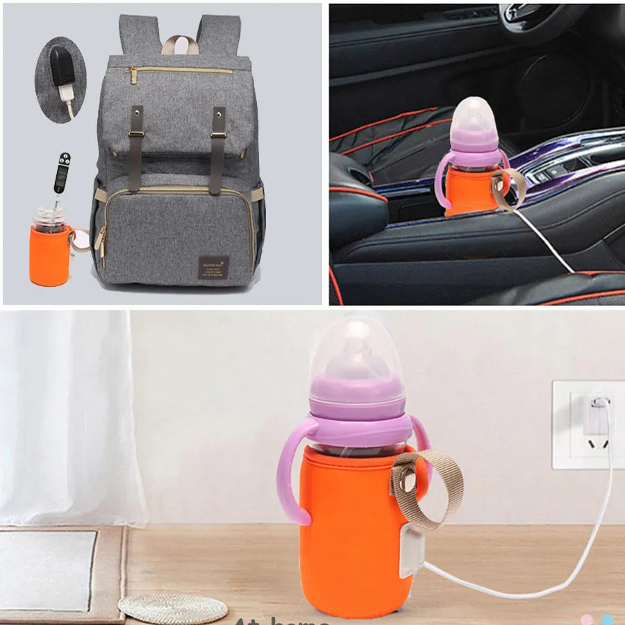 Baby USB bottle warmer with cotton cover showing orange and blue colour options