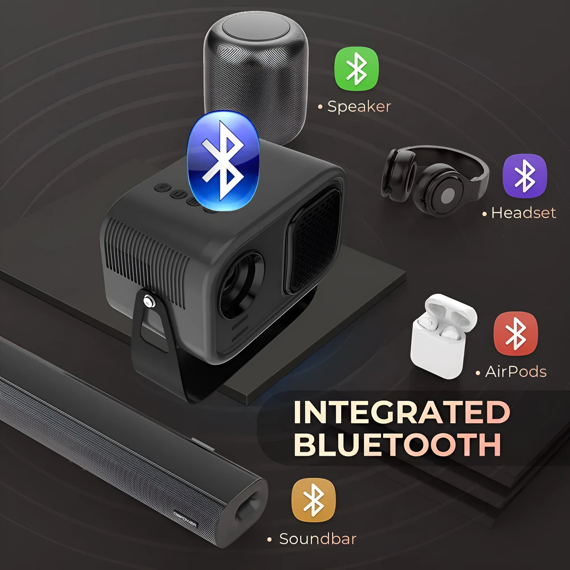 Black portable HD projector with remote control on desk