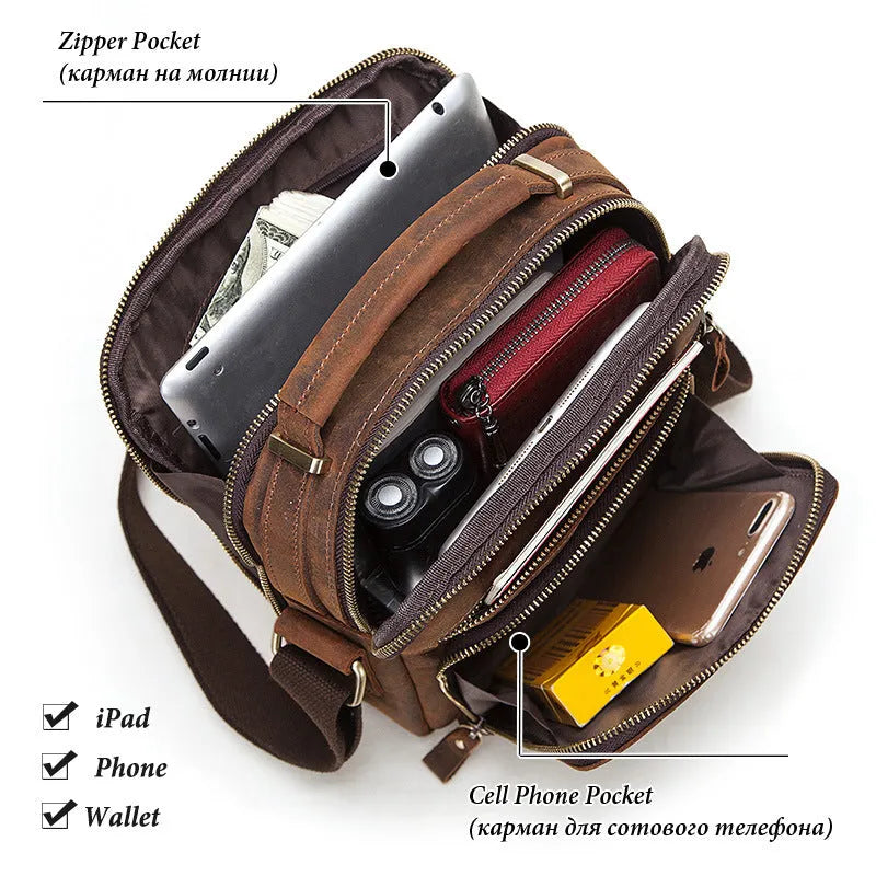 Men's brown Crazy Horse leather crossbody bag with vintage retro styling and visible sewing lines