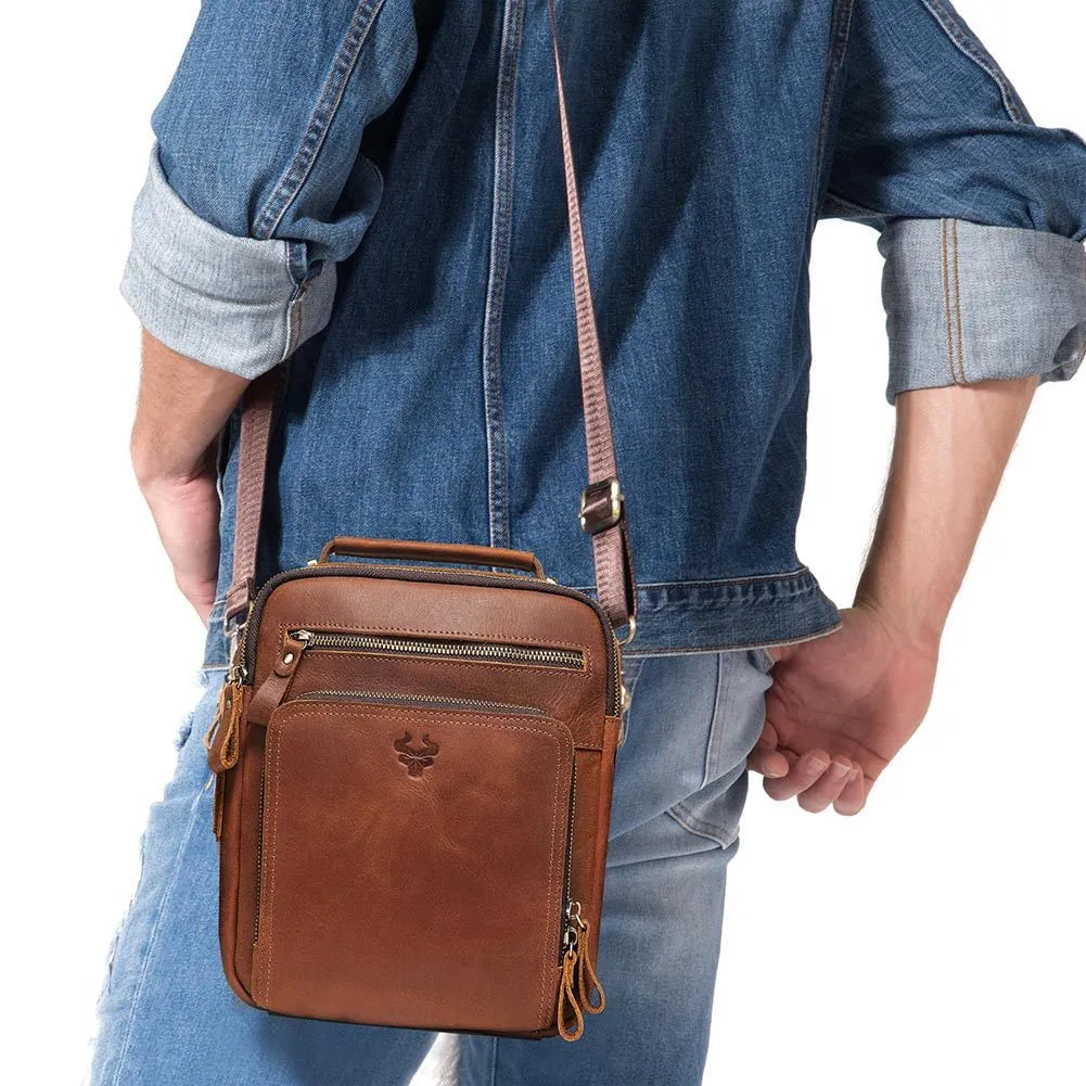 Men's brown Crazy Horse leather crossbody bag with vintage retro styling and visible sewing lines