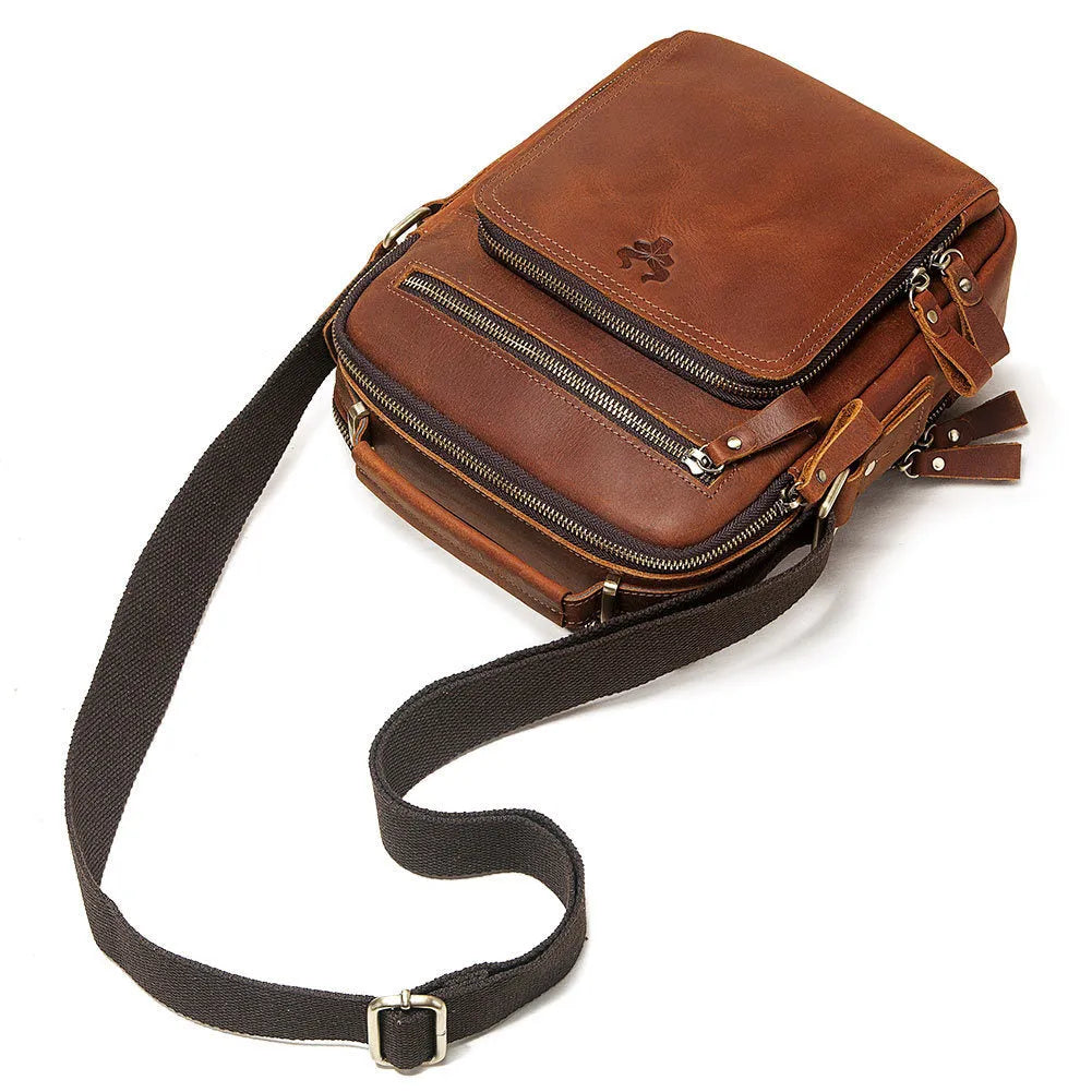 Men's brown Crazy Horse leather crossbody bag with vintage retro styling and visible sewing lines