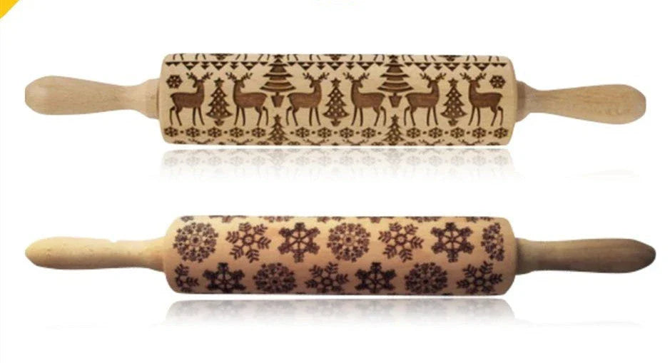 Personalized Christmas rolling pin with a variety of embossed holiday designs, including snowflakes, reindeer, and Merry Christmas patterns