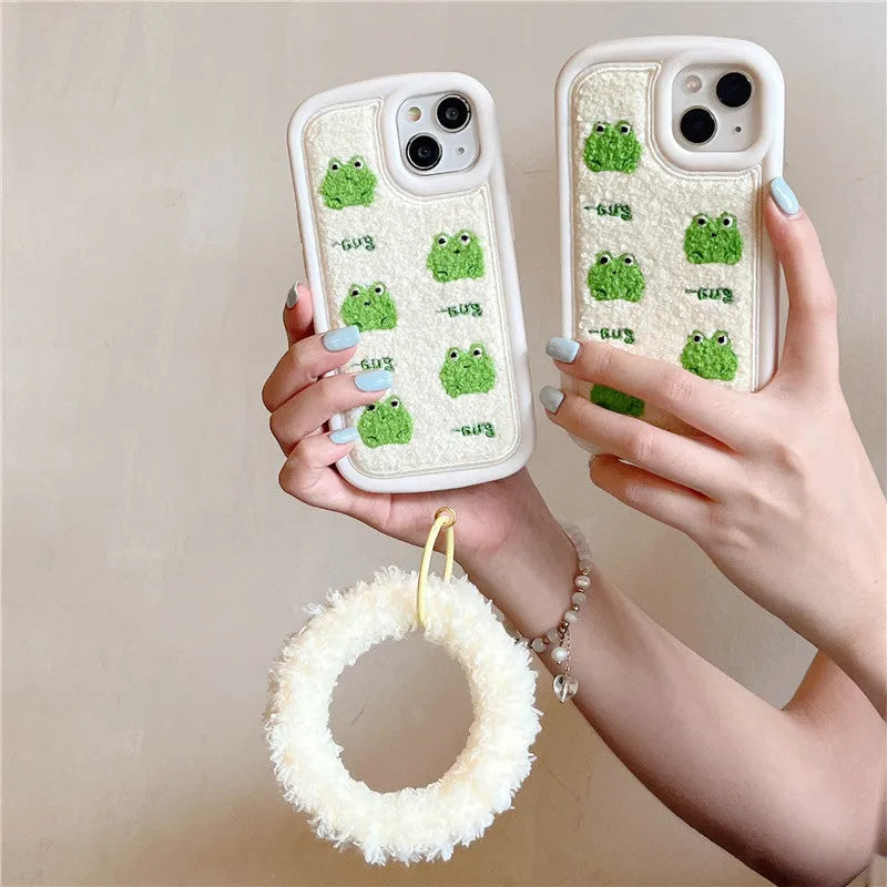 Anti-fall flannel phone case with towel embroidery five little frogs design for iPhone, front view