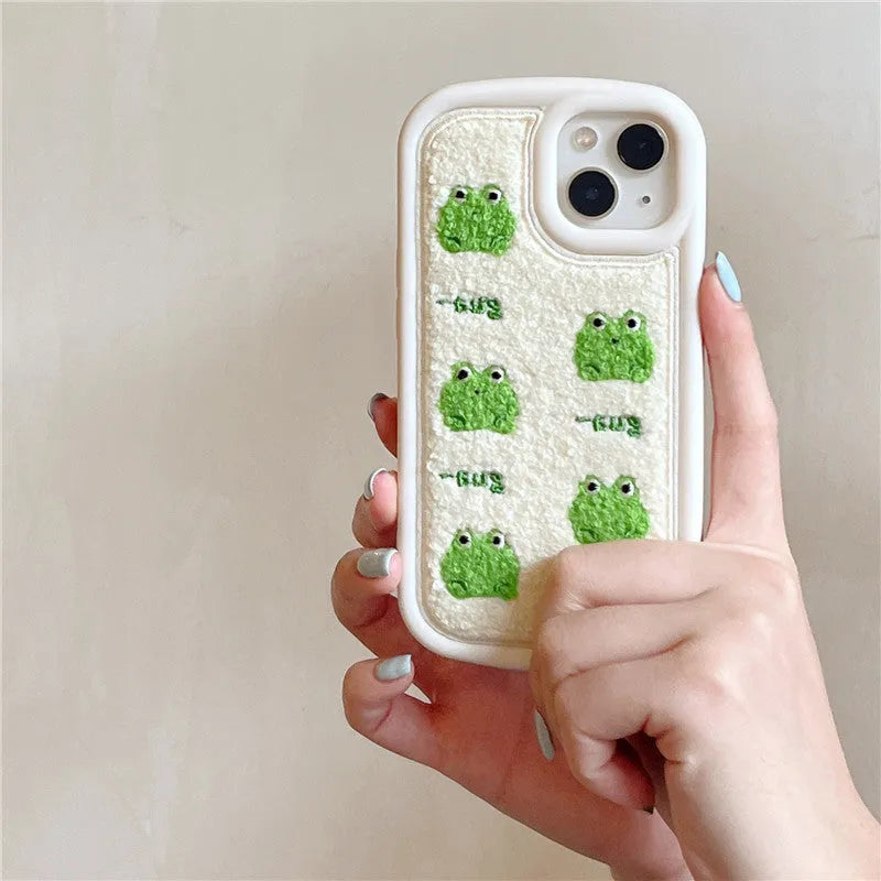 Anti-fall flannel phone case with towel embroidery five little frogs design for iPhone, front view