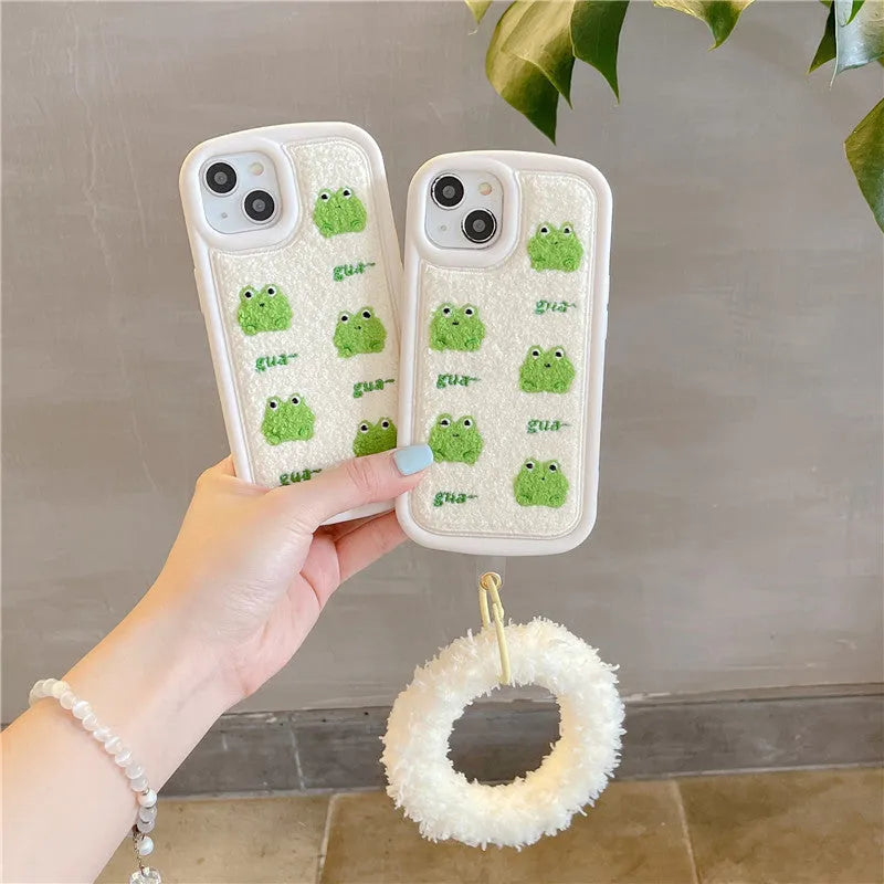 Anti-fall flannel phone case with towel embroidery five little frogs design for iPhone, front view