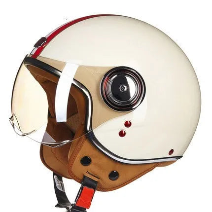 Adult motorcycle half helmet in red, showing ABS plastic shell and open-face design