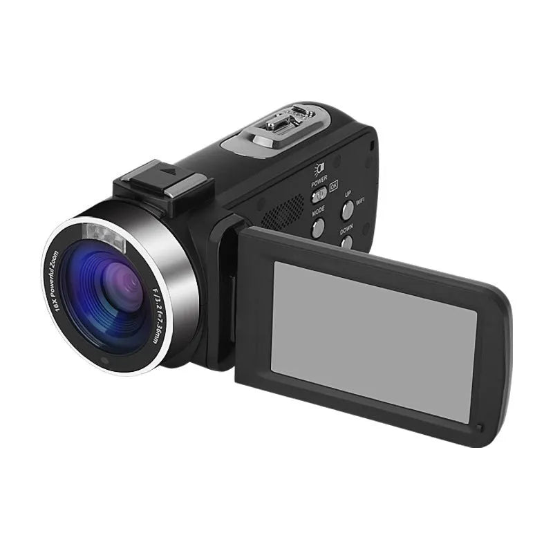 Black WIFI digital HD night vision camera with 3 inch screen showing dimensions 126x57x58mm