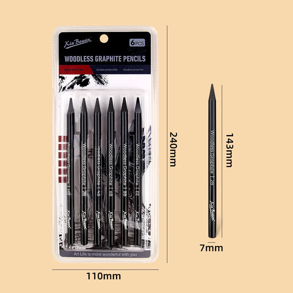 Set of six wood-free graphite full lead sketching pencils in a range of grades from HB to EE.