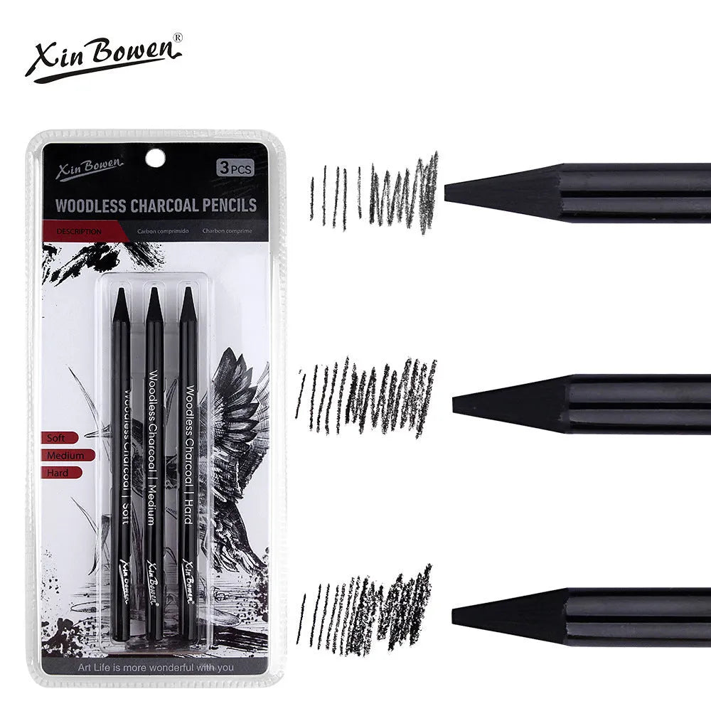Set of six wood-free graphite full lead sketching pencils in a range of grades from HB to EE.