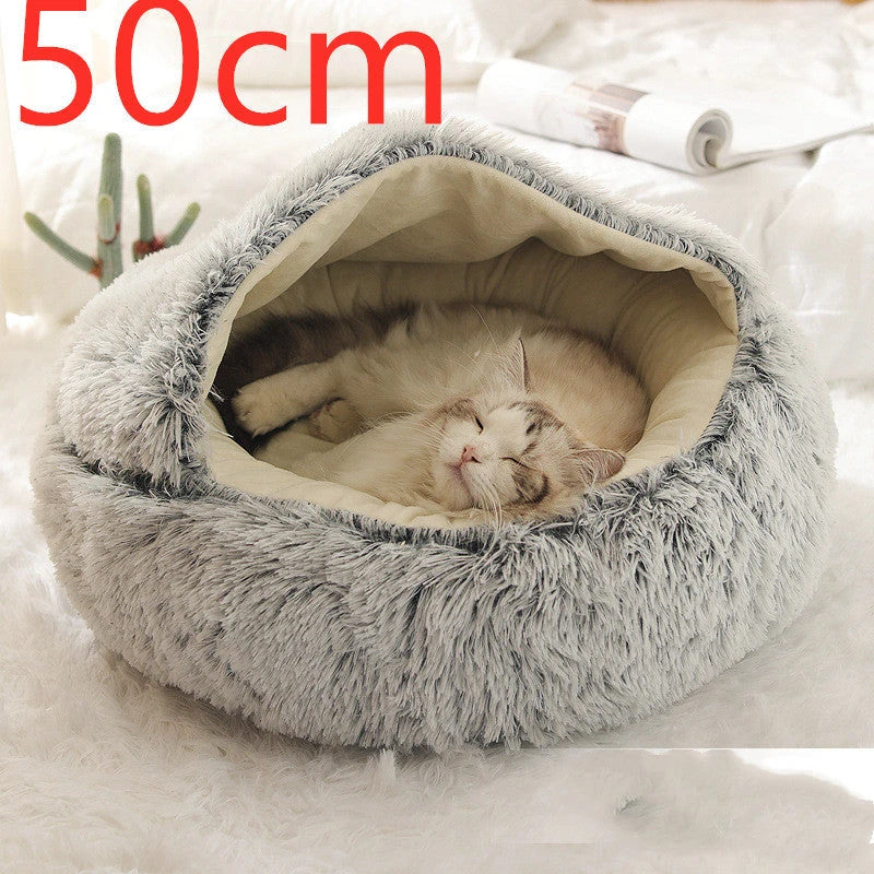 A soft, plush pet bed in various colors, including olive green, brown, pink, and grey, designed for the comfort and relaxation of cats and dogs.