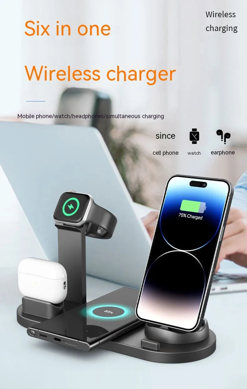 Black three-in-one wireless charging desk stand holding a phone, with integrated headphone bracket and fixed charging docks.