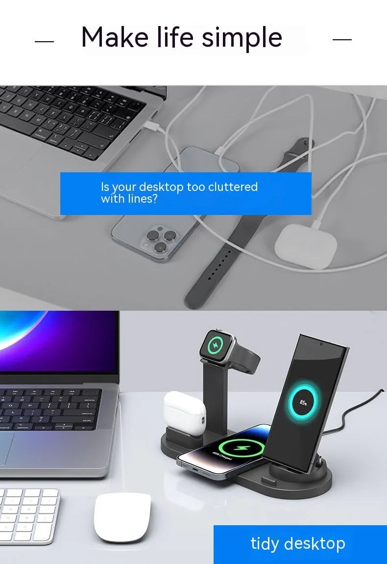 Black three-in-one wireless charging desk stand holding a phone, with integrated headphone bracket and fixed charging docks.