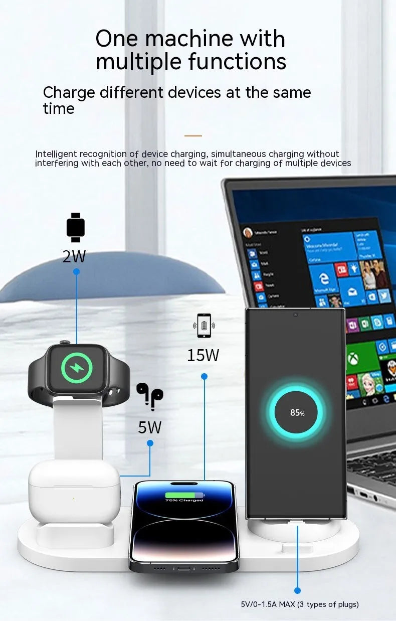 Black three-in-one wireless charging desk stand holding a phone, with integrated headphone bracket and fixed charging docks.