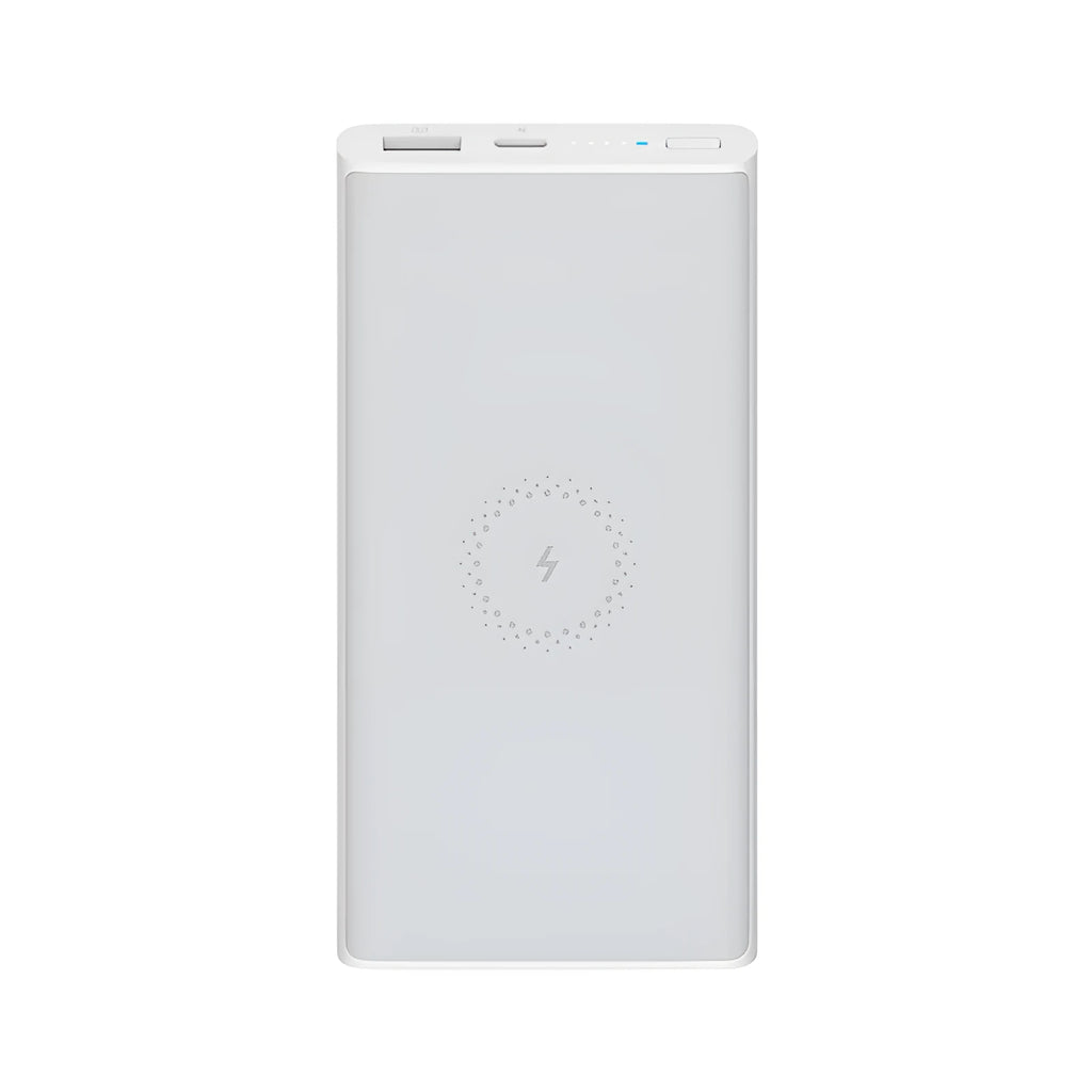 White 10000mAh power bank showing USB-C port and wireless charging symbol