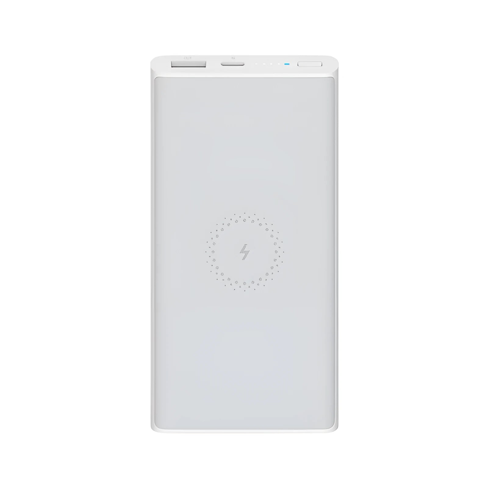 White 10000mAh power bank showing USB-C port and wireless charging symbol