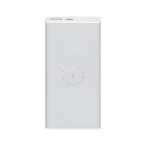 White 10000mAh power bank showing USB-C port and wireless charging symbol