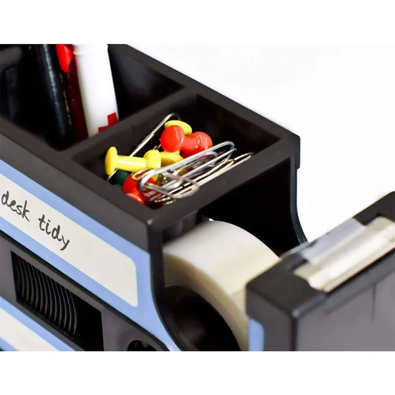 Blue plastic pen holder box 17x5x11.5cm for stationery phone and cables on a desk