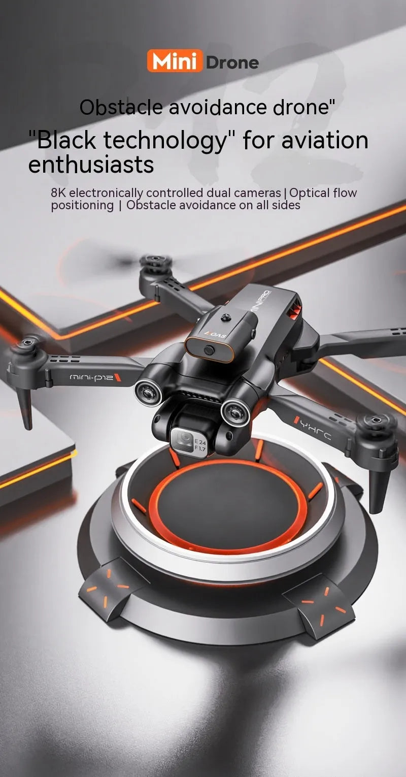 Black P12 remote-controlled quadcopter drone with camera, shown folded and unfolded.