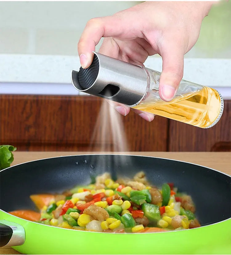 Gold push-type oil spray bottle with glass reservoir and ABS pump for BBQ and kitchen use