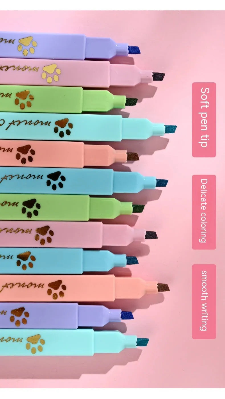 Cat's Paw fluorescent marker pen set showing six pens with oblique tips in a gift box.
