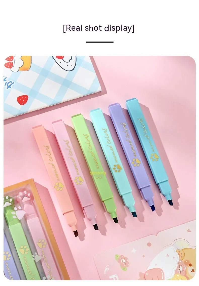 Cat's Paw fluorescent marker pen set showing six pens with oblique tips in a gift box.