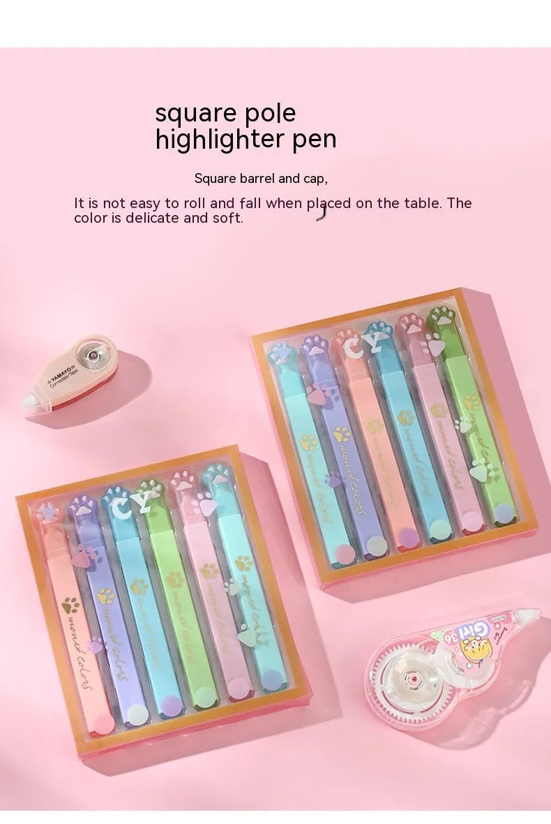 Cat's Paw fluorescent marker pen set showing six pens with oblique tips in a gift box.