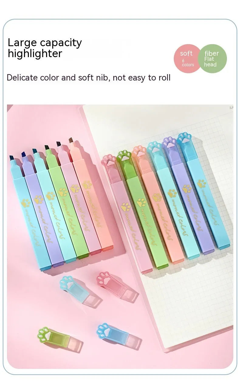 Cat's Paw fluorescent marker pen set showing six pens with oblique tips in a gift box.