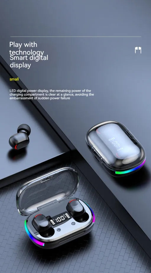 K10 Black in-ear Bluetooth headset with digital display, colourful breathing light and ABS earbuds