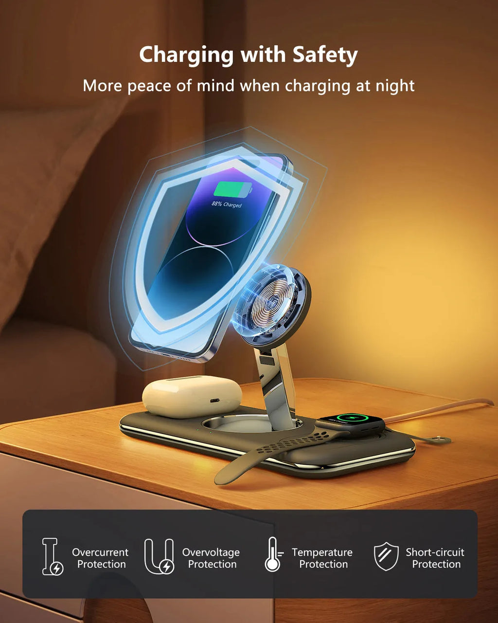 Folding magnetic wireless charger desktop bracket in white or black, 3-in-1, Type-C, 15W phone output, FOD protection.