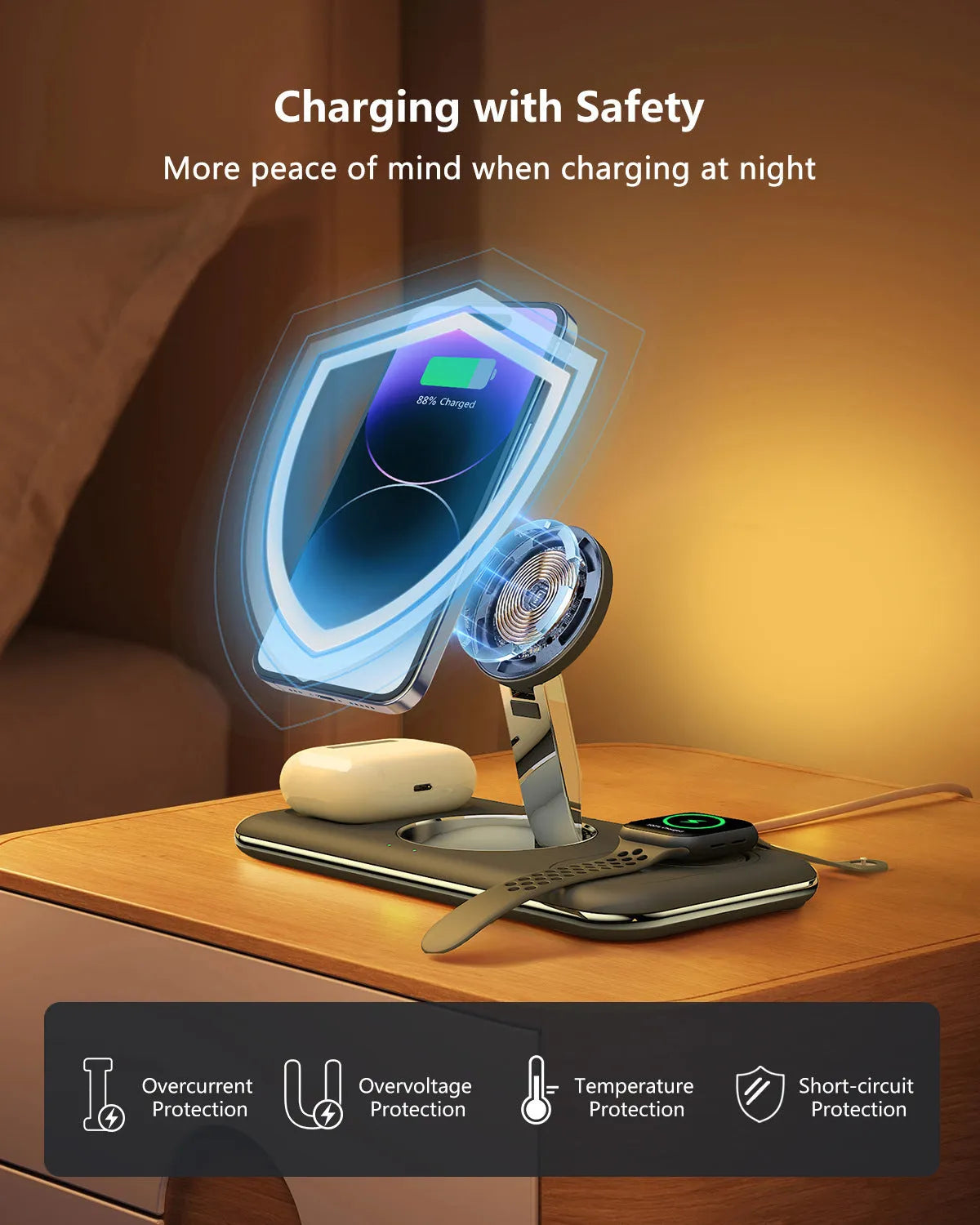 Folding magnetic wireless charger desktop bracket in white or black, 3-in-1, Type-C, 15W phone output, FOD protection.