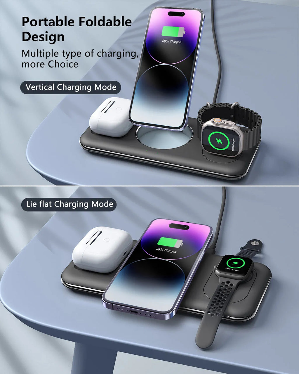 Folding magnetic wireless charger desktop bracket in white or black, 3-in-1, Type-C, 15W phone output, FOD protection.