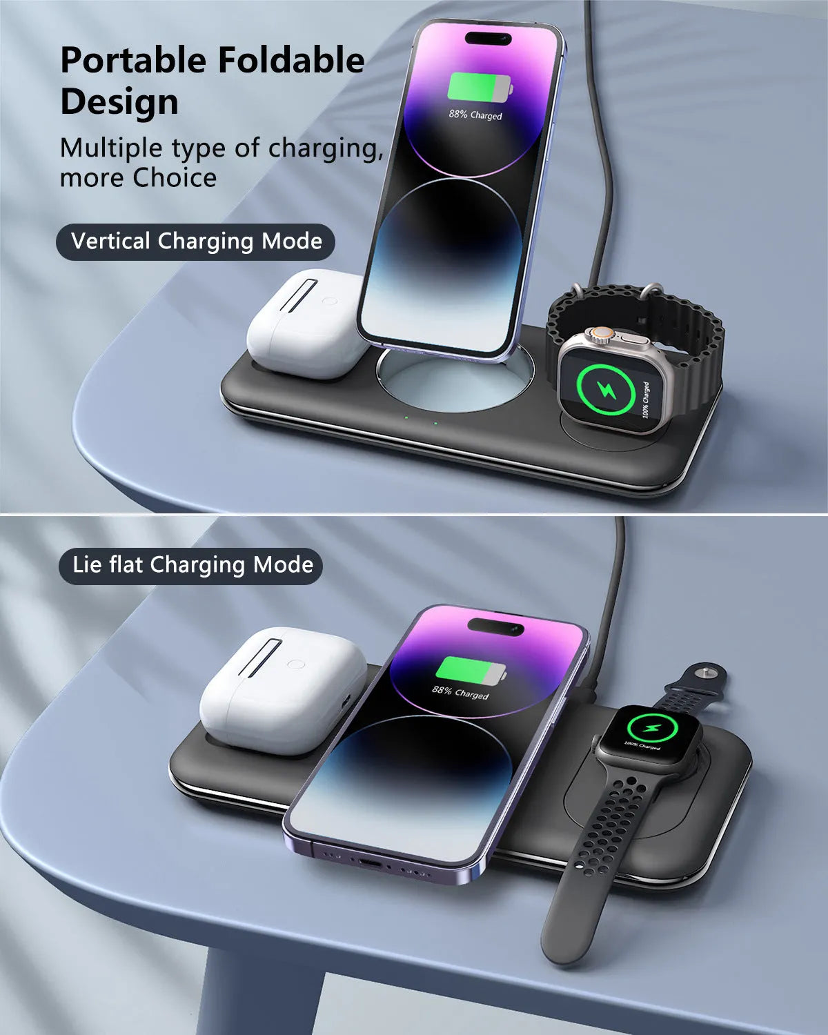 Folding magnetic wireless charger desktop bracket in white or black, 3-in-1, Type-C, 15W phone output, FOD protection.