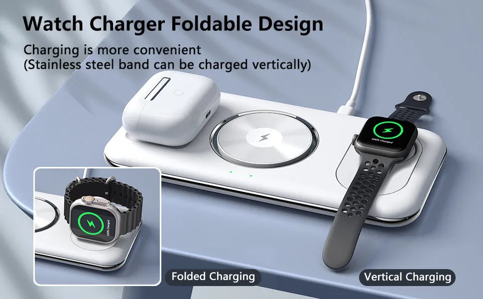 Folding magnetic wireless charger desktop bracket in white or black, 3-in-1, Type-C, 15W phone output, FOD protection.