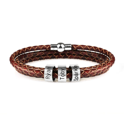 Personalized leather bracelet with engraved name charm for men, featuring a braided design and stainless steel beads