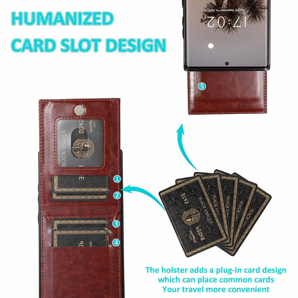 Samsung phone case with bracket and card slot in crazy horse pattern PU TPU, shown in black