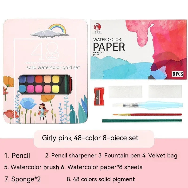 Solid watercolour paint set open to show 48 different colour pans in a box