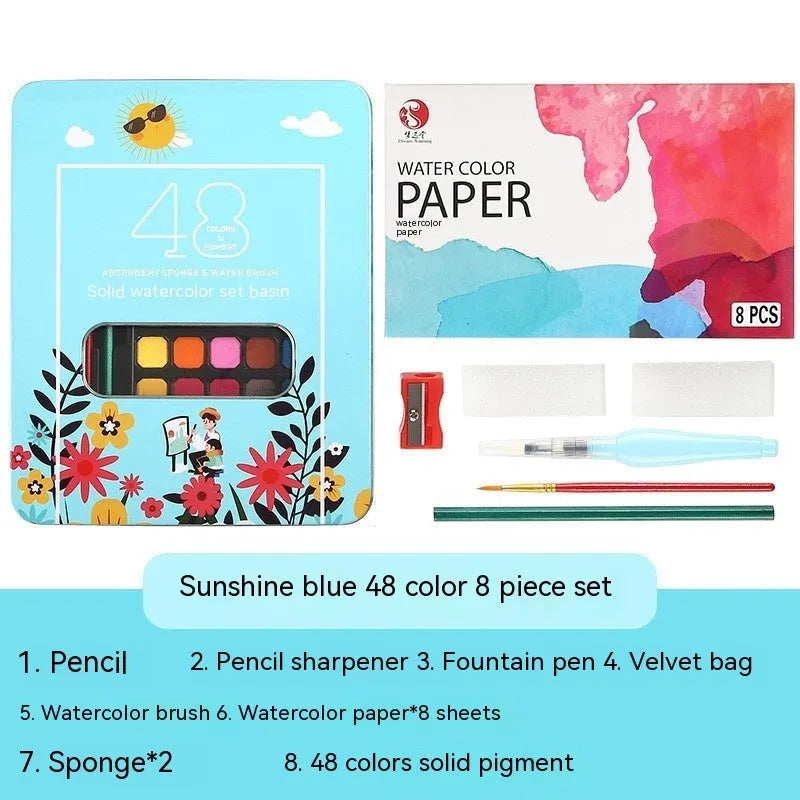 Solid watercolour paint set open to show 48 different colour pans in a box