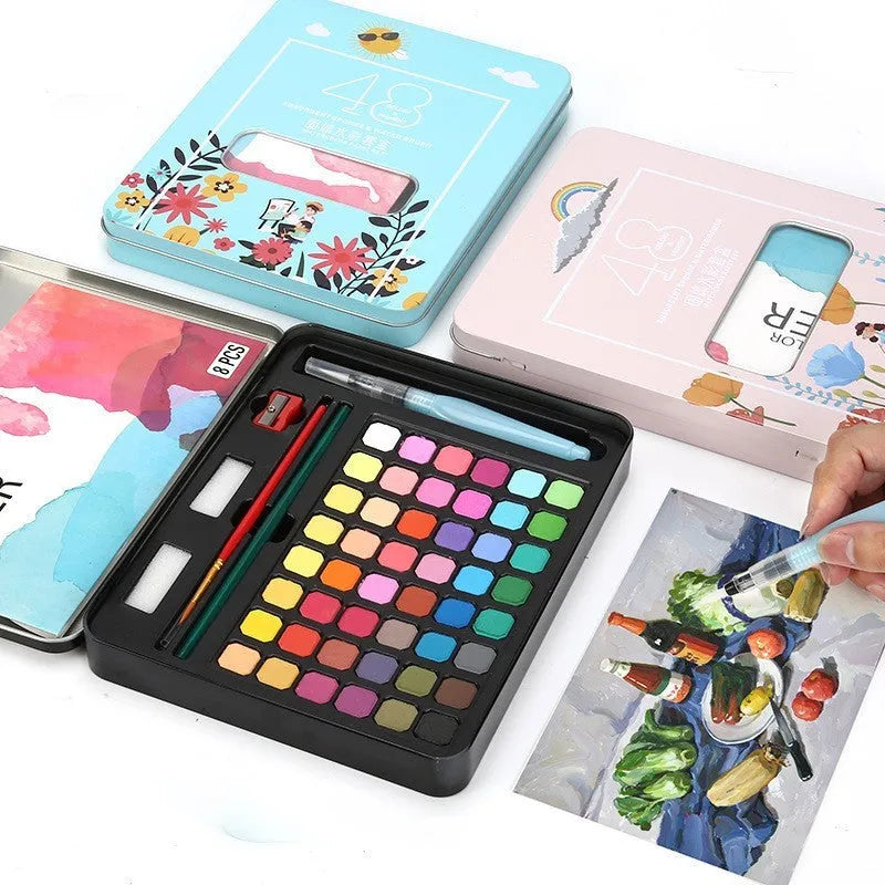 Solid watercolour paint set open to show 48 different colour pans in a box