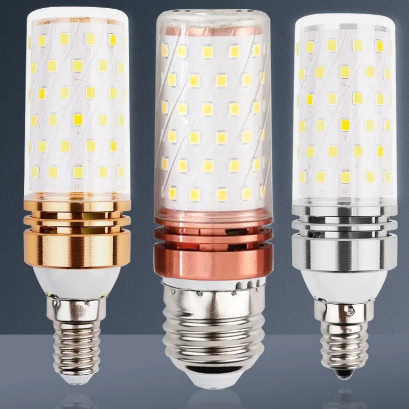 E14 screw base LED corn light bulb with 60 LEDs, available in three light colours: warm white, neutral, and cool white.