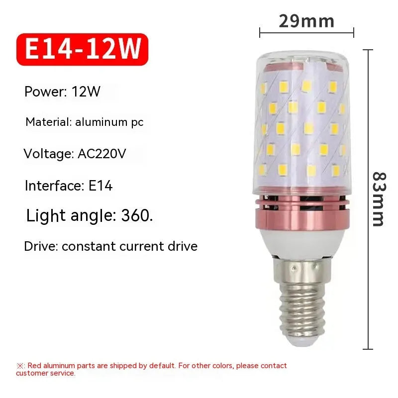 E14 screw base LED corn light bulb with 60 LEDs, available in three light colours: warm white, neutral, and cool white.